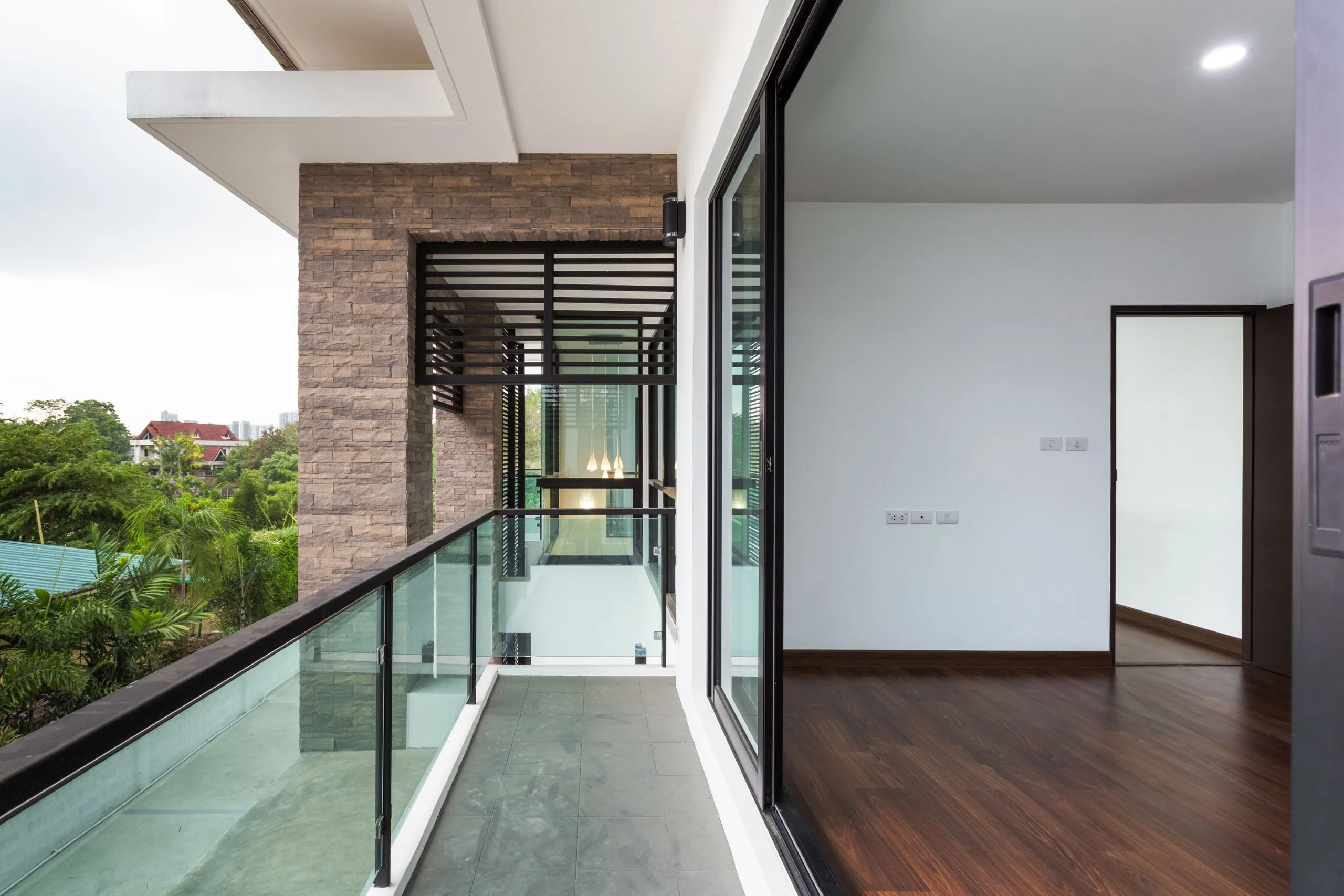 Residential balcony Residential balcony with sliding glass door.